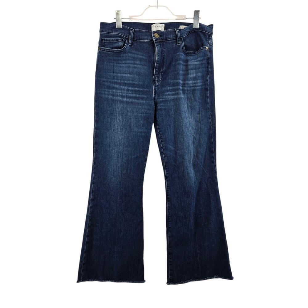 Frame Denim Le Easy Flare‎ Jeans Womens 32 High Rise Dark Wash Raw Hem Ankle